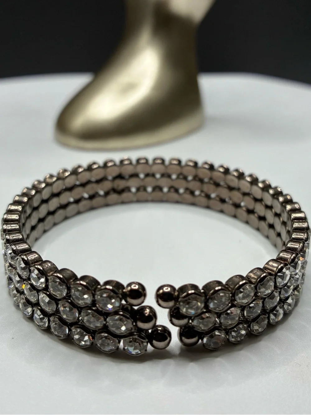 Vintage Gunmetal Crystal Flex-Cuff Bracelet W/Clear Rhinestone